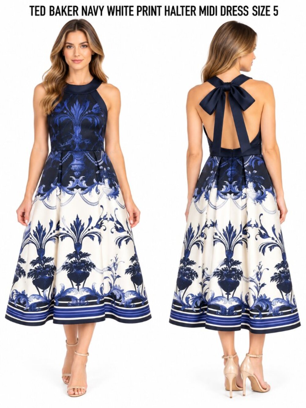 Ted Baker Navy and White Halter Midi Dress with Blue Scroll Motif Size 5 /US 12